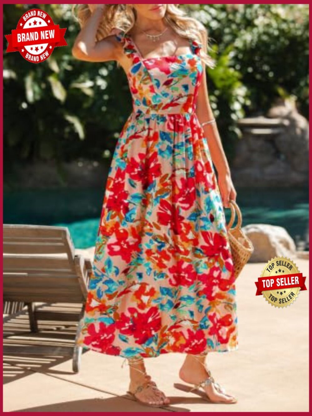 Boho Floral Midi Sundress Square Neck Ruffle Sleeveless Smocked Bow Dress Flowy - Picture 3 of 7